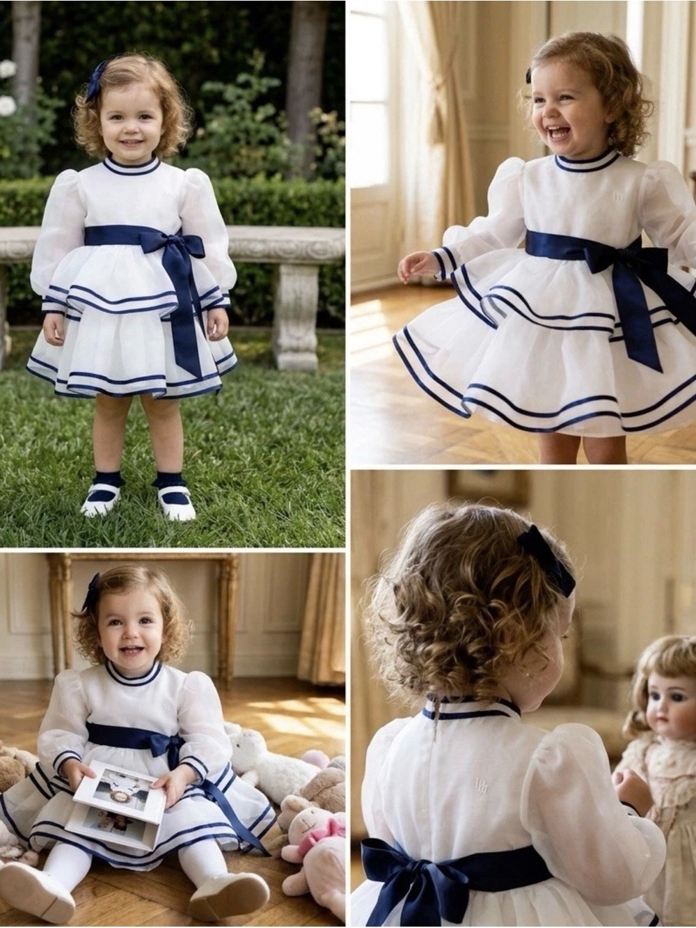 Christian Dior Girls 2T A-Line Dress White Navy Organza Puff Sleeve Bow Pleated